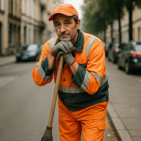 Mature man in orange overalls cleaning the street with a broom