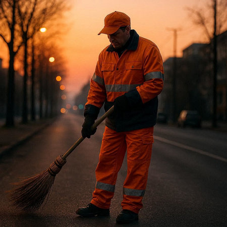A worker cleans the street with a brooms in the evening.