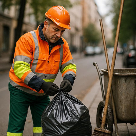 Portrait of a male worker cleaning the street with a garbage bagの写真素材