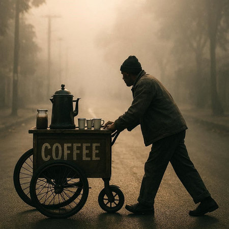 Coffee seller in the misty foggy street. Coffee concept