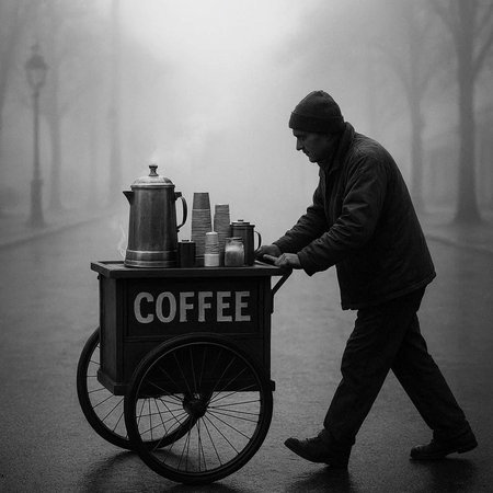 Man selling coffee on a street in foggy day. Black and white photo.