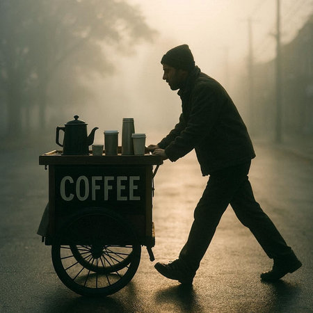 Coffee seller with coffee cart on the street in foggy morningの写真素材