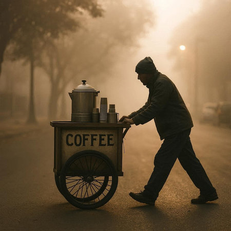 Coffee cart on the road in the misty morning.の写真素材