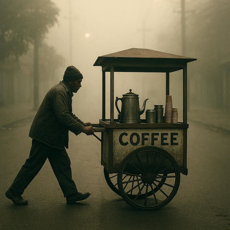 Coffee cart on the street in the morning fog, vintage style