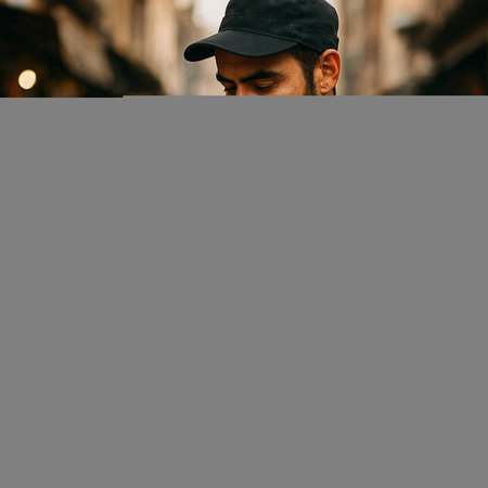 Portrait of a young man in a cap on a city street.
