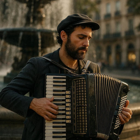 Handsome bearded man playing the accordion in Paris, France