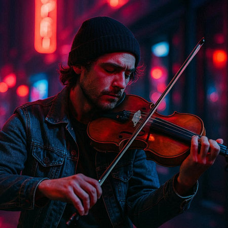 Musician playing the violin on the street in a night city.の写真素材