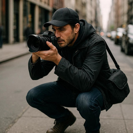 Handsome photographer with a camera in a black jacket and cap