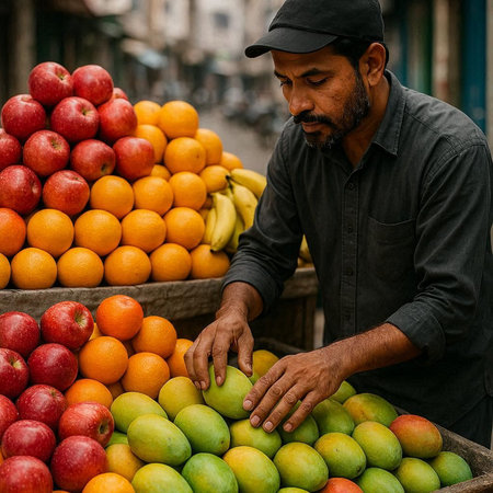 Portrait of a Nepali man selling fruits in the street of Kathmandu in the morningの写真素材