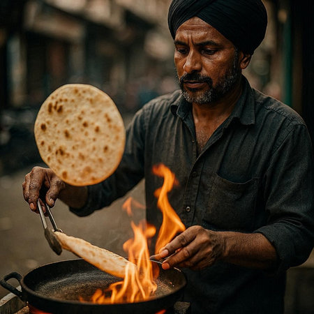 Indian man cooking pita bread on fire in the street. India.の写真素材