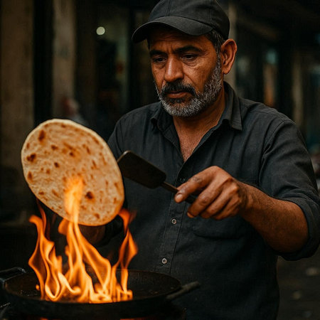 Indian street vendor making a traditional turkish pide on the streetの写真素材