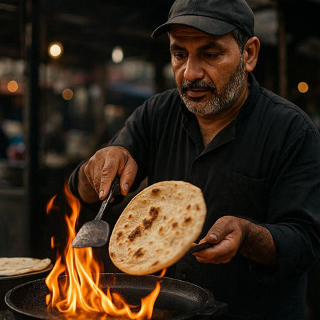 Indian street vendor preparing a traditional Indian flatbread in a street cafeの写真素材