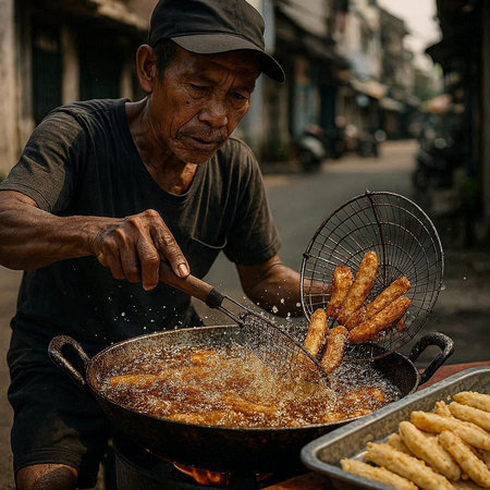 Asian old man cooking deep fried churros in the street.