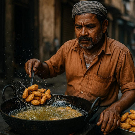 Portrait of a unknown Nepali people selling street food in Kathmandu in the morning