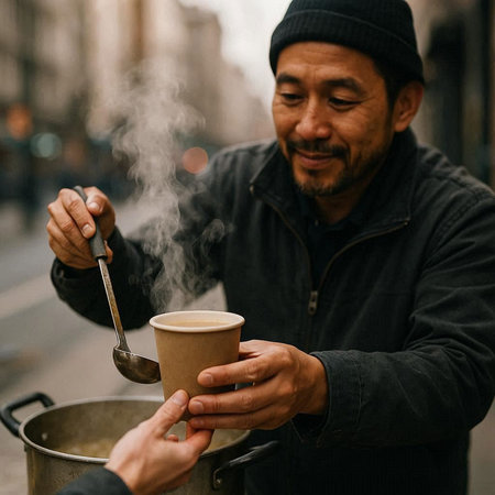 Handsome bearded man in a black jacket and hat with a cup of coffee on the street