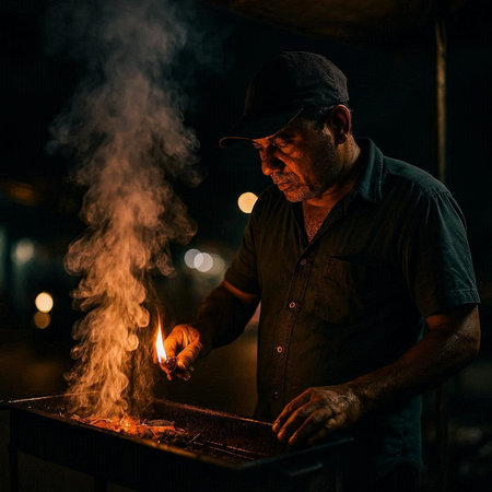 Handsome asian man making barbecue at night in the city.