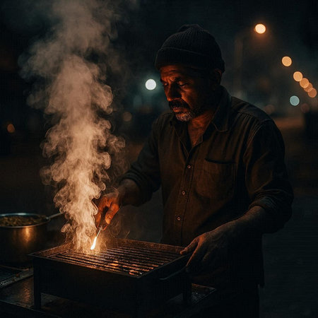 Handsome Indian old man in traditional clothes working at night market.
