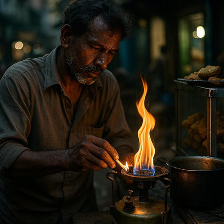 Unidentified indian man lighting a candle at the street market.