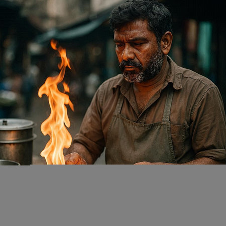 A Hindu man making a fire in the streets of Kolkata.