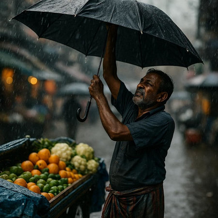 Unidentified Thai man with an umbrella in the rain.の写真素材