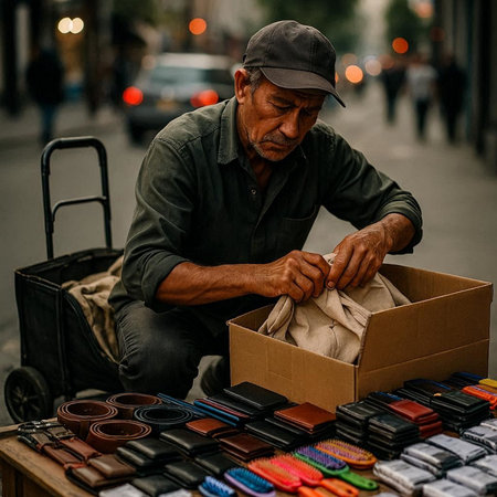 Street vendor selling leather belts in the streets of Havana.