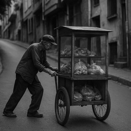 A street vendor sells food in Hanoi, Vietnam.の写真素材