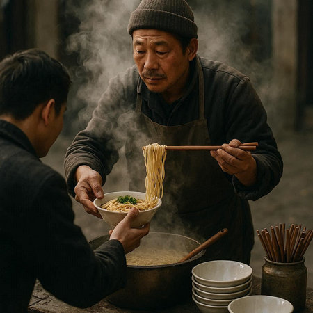 Asian senior man cooking instant noodle in a pot at street restaurant