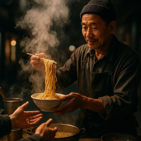 Asian man cooking noodle at the street food market in Bangkok, Thailand
