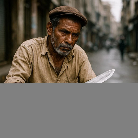Portrait of an old man with a sword in the street.