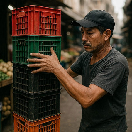 Handsome middle-aged man in a black T-shirt and cap holding a red plastic box in his hands.