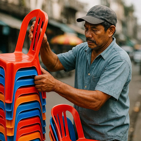 Unidentified Thai man sells colorful plastic chairs in Bangkok, Thailand.