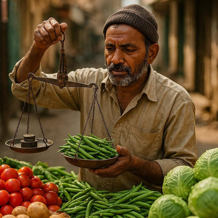 Indian farmer at the vegetable market in Jaipur, India.