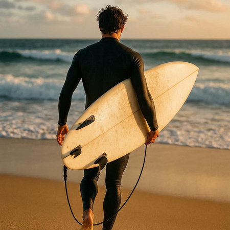Rear view of surfer holding surfboard on the beach at sunset