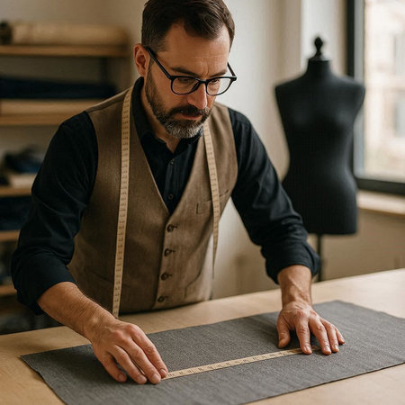 handsome tailor measuring fabric with tape measure at workplace in sewing studio