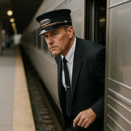 Handsome middle-aged man in a black suit and a cap stands near the train station.の写真素材