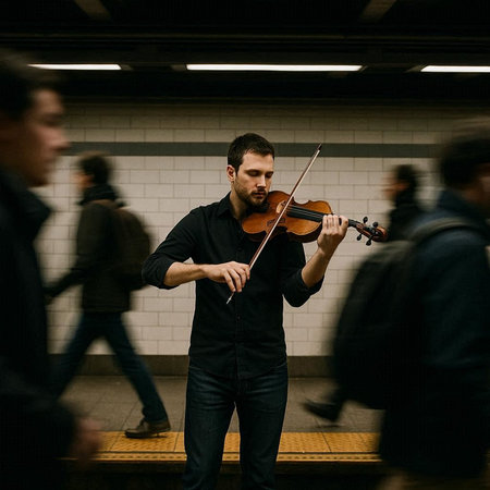 Young man playing the violin in the underground passage of the subway.