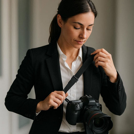 Professional photographer with professional camera. Young woman in black suit and white shirt.