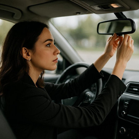Side view of young businesswoman driving car and looking at rear view mirror