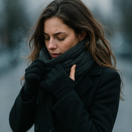 Portrait of a beautiful girl in a black coat and scarf.