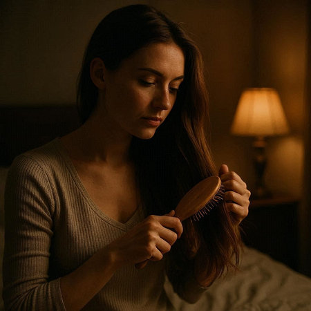 Young beautiful woman combing her long brown hair in bed at nightの写真素材