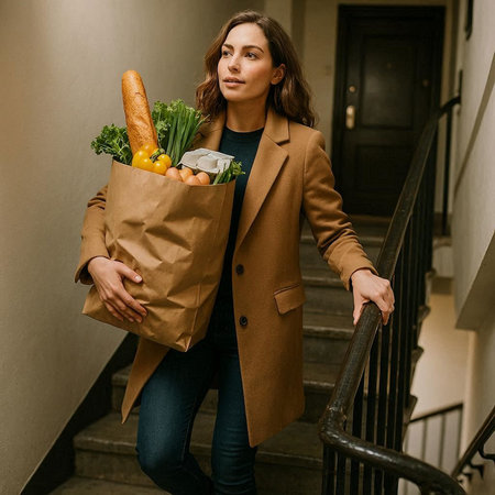 Portrait of a young woman holding a paper bag full of groceries