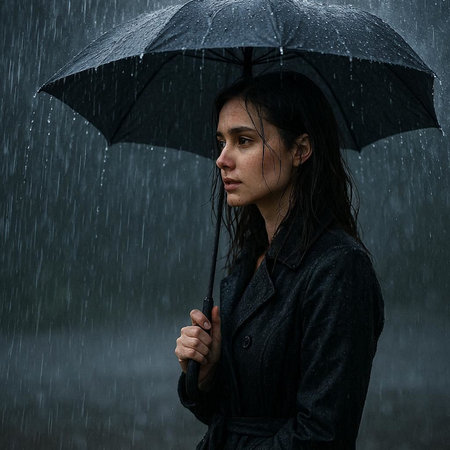 Portrait of young woman with umbrella in rain. Rainy day.