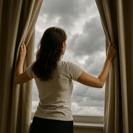 Young woman opening curtains and looking out the window at the cloudy skyの写真素材