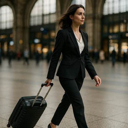 Young businesswoman walking with luggage in the station. Business travel concept.