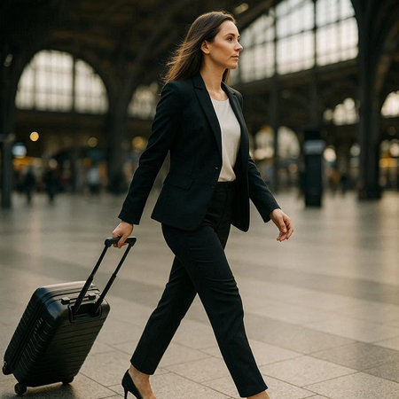 Beautiful businesswoman with a suitcase in the station. Business travel concept.の写真素材