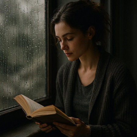Young woman reading a book by the window in the rainy day.