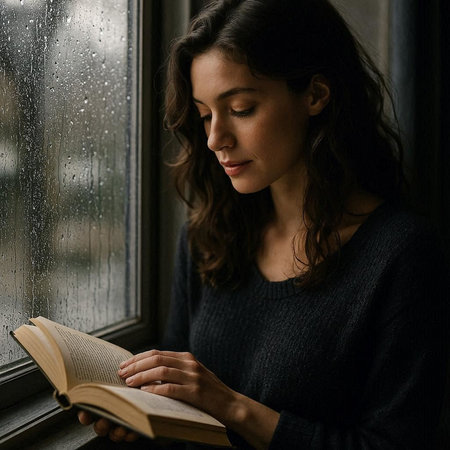 Young beautiful woman reading a book near the window in the rain.の写真素材