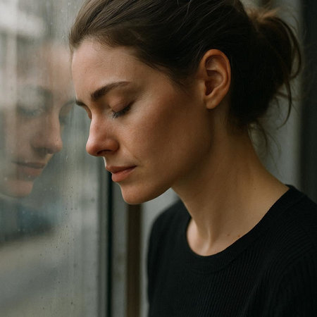 Portrait of a beautiful young woman with closed eyes looking through the window