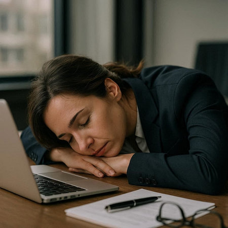 Tired businesswoman sleeping on the table in front of a laptopの写真素材