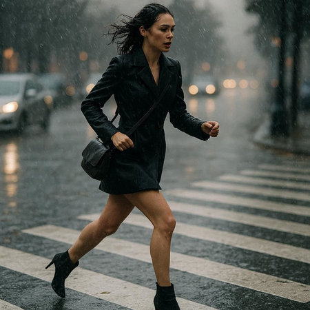 Beautiful brunette woman in a black jacket walking in the rain.